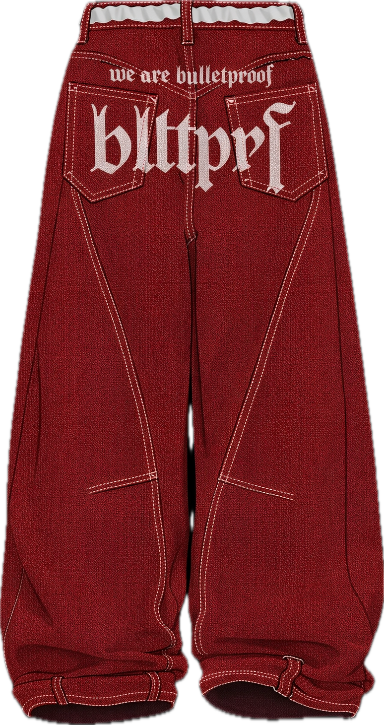 blltprf red baggy jeans